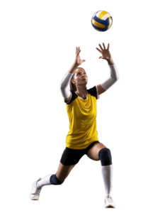 A woman in a yellow sports outfit kneels on one knee, reaching up to catch a volleyball mid-air.