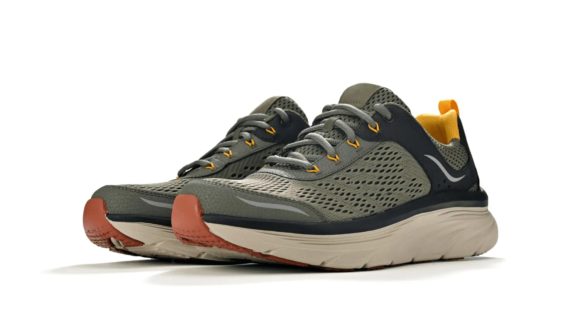 A pair of olive green and black running shoes with orange accents and a beige sole, displayed against a white background.