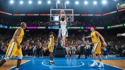 Basketball player dunking during a game.