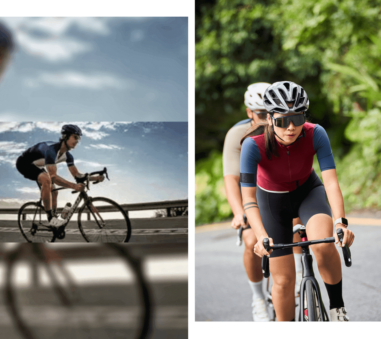 Two cyclists riding on a scenic road with a mountainous backdrop.