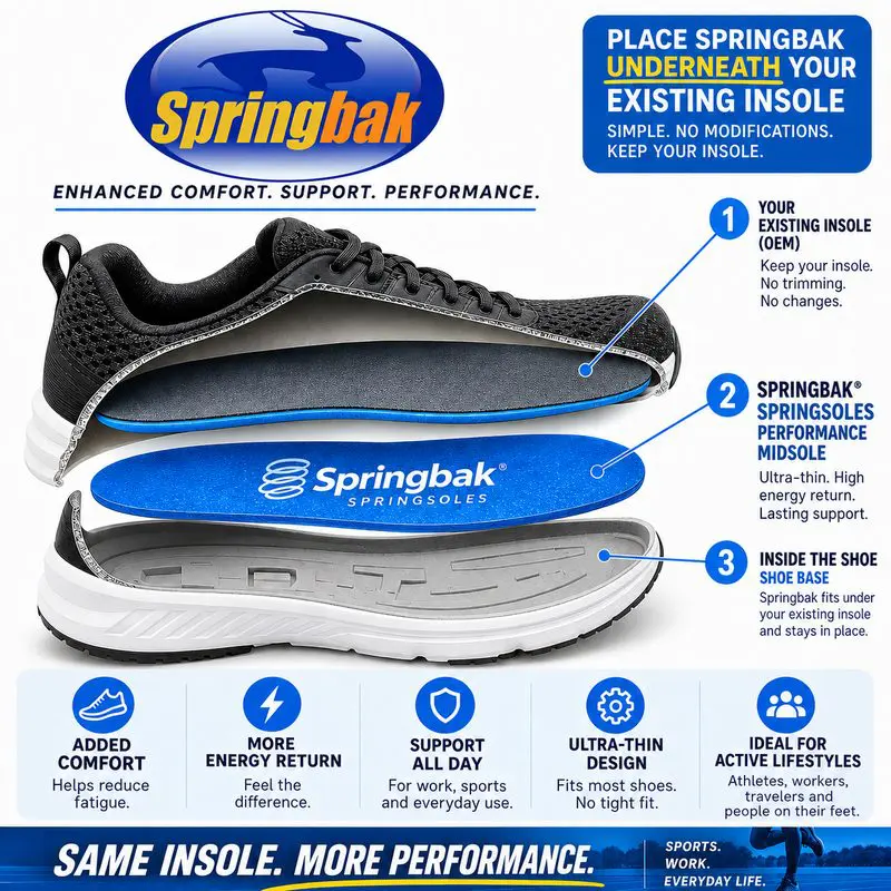 Installation diagram: the blue Springbak Springsoles insole goes underneath the existing factory insole of a running shoe, with no trimming required