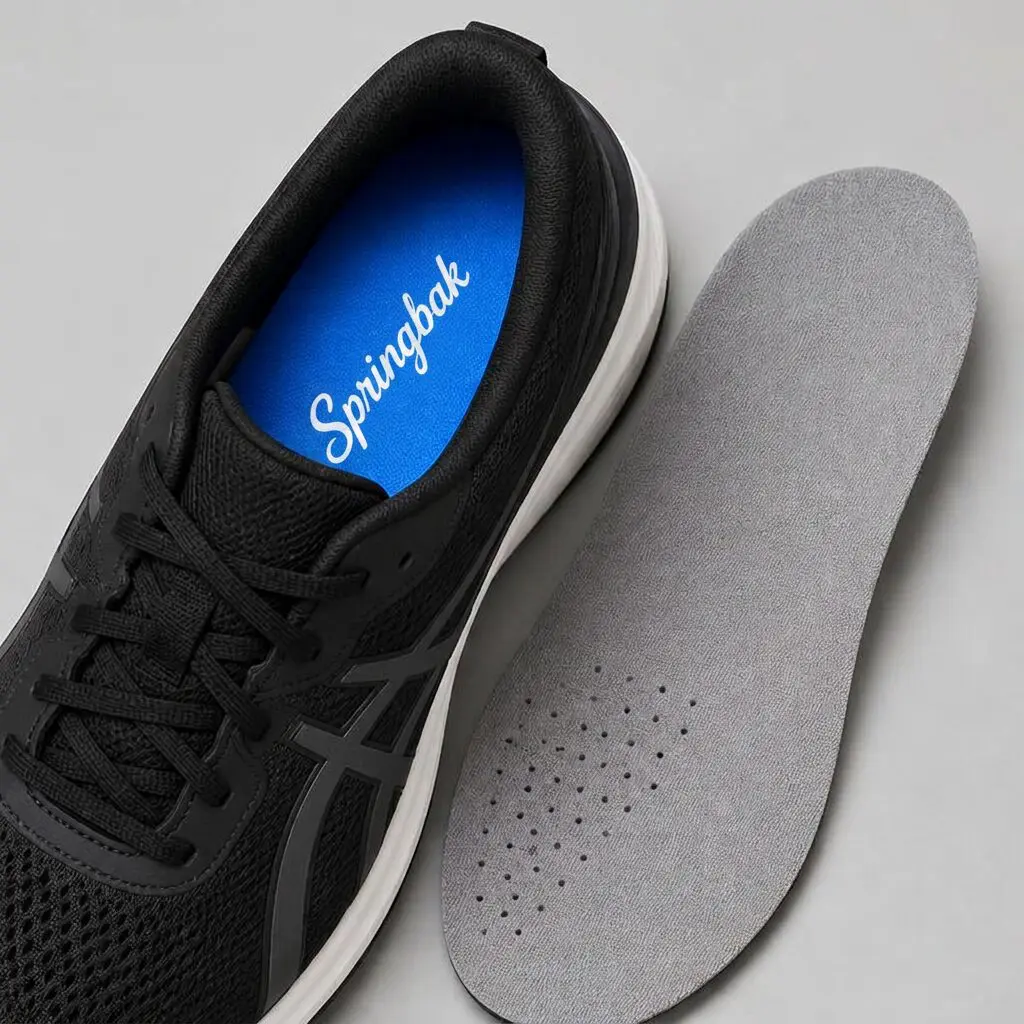 Blue Springbak Springsoles insole sitting inside a black running shoe with the grey factory insole lifted out beside it